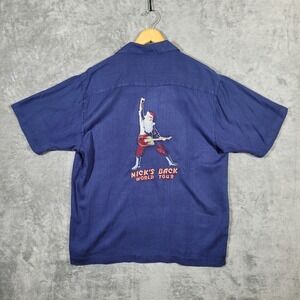 Tommy Bahama Mens M Button Up Silk Shirt Blue World Tour Rock Santa Embroidered